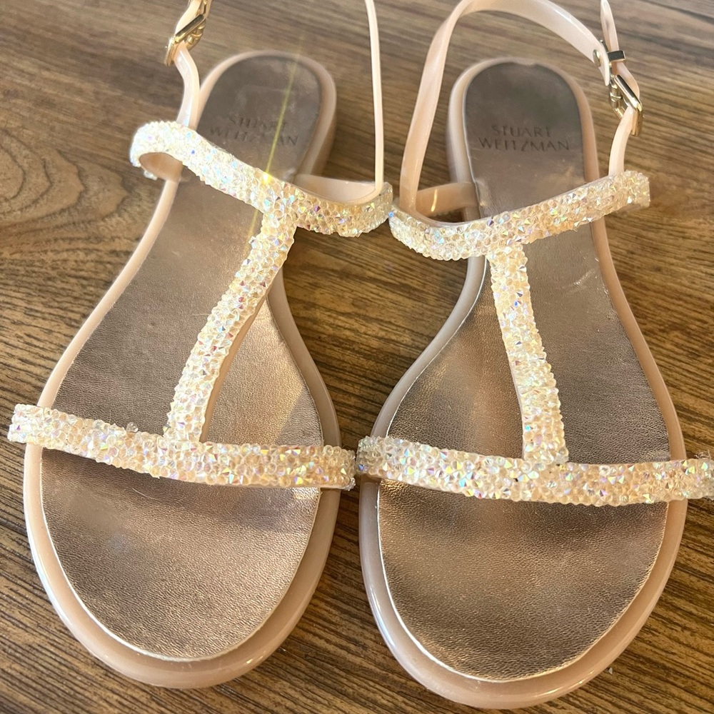 Stuart Weitzman Nude Crystal T-Strap Sandals with Iridescent Accents